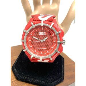 Diesel Men's Watch DZ-4621 Framed Solar Red White Dial Leather Strap 50mm